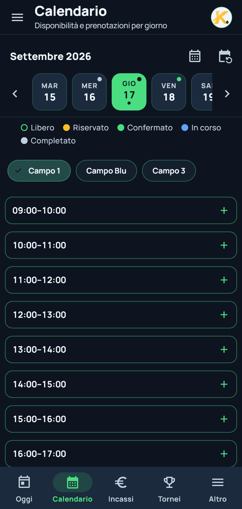 Calendario dei campi con gli slot del giorno