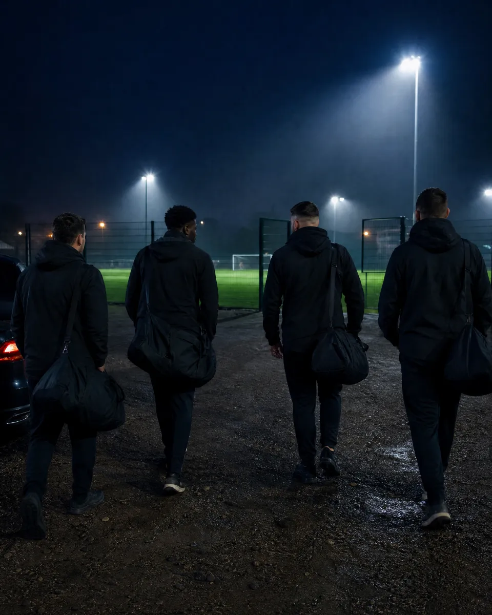 Un gruppo di amici con le borse in spalla arriva di sera al cancello di un campo illuminato