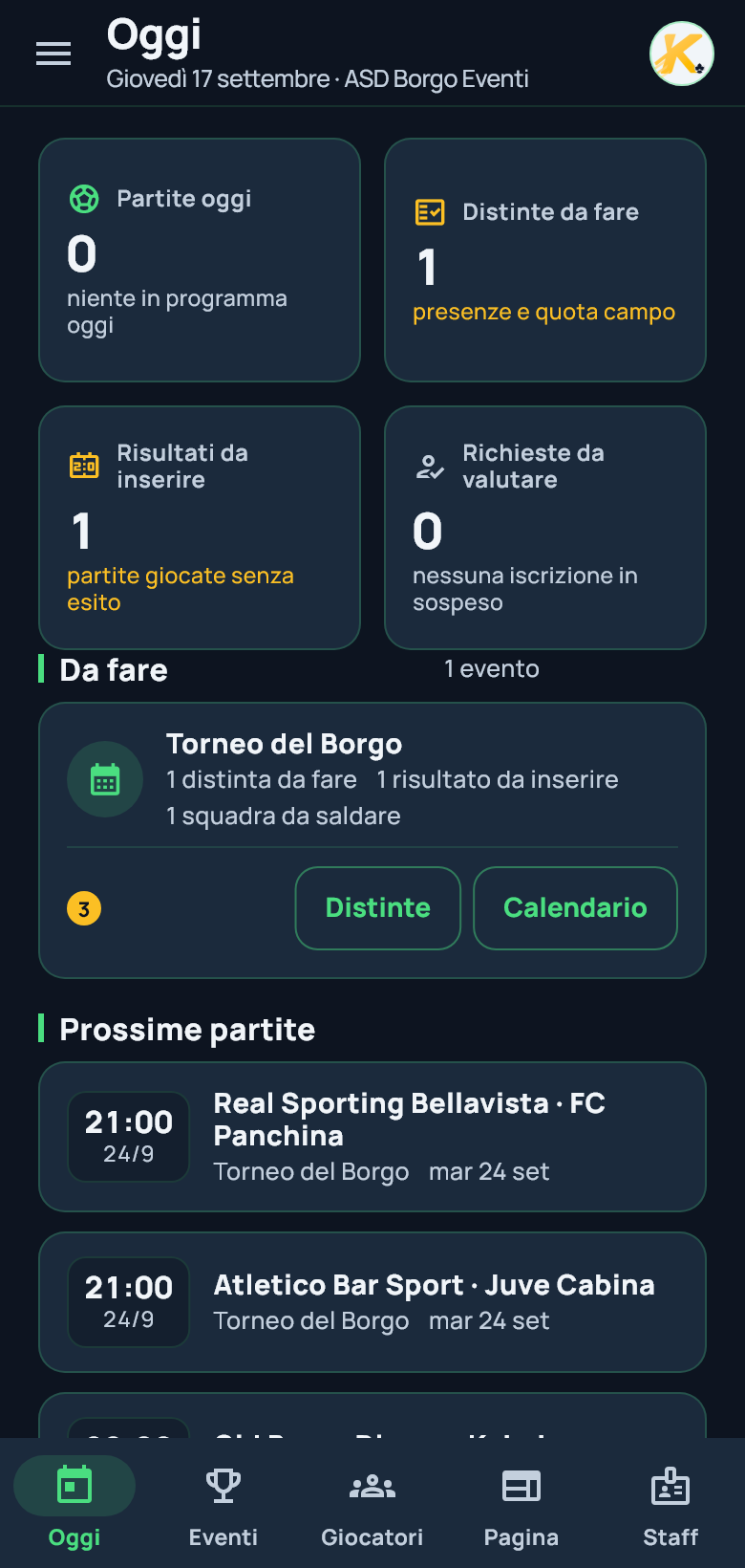 Home dell'organizzatore: distinte da fare, risultati da inserire, richieste di iscrizione e prossime partite del torneo