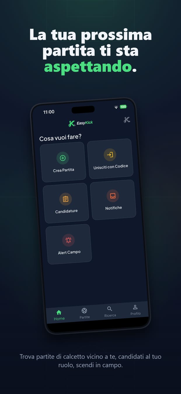 Home EasyKick: crea partita, unisciti con codice, candidature e alert